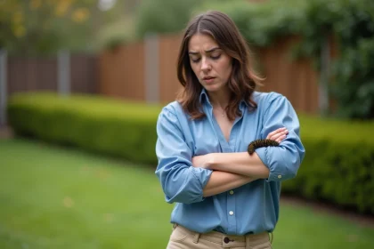 Jeune femme avec chenille sur le bras dans un jardin