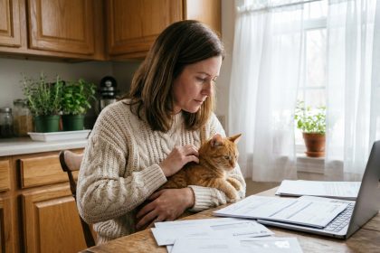 Femme tenant son chat roux dans les bras tout en consultant des documents d'assurance dans une cuisine chaleureuse
