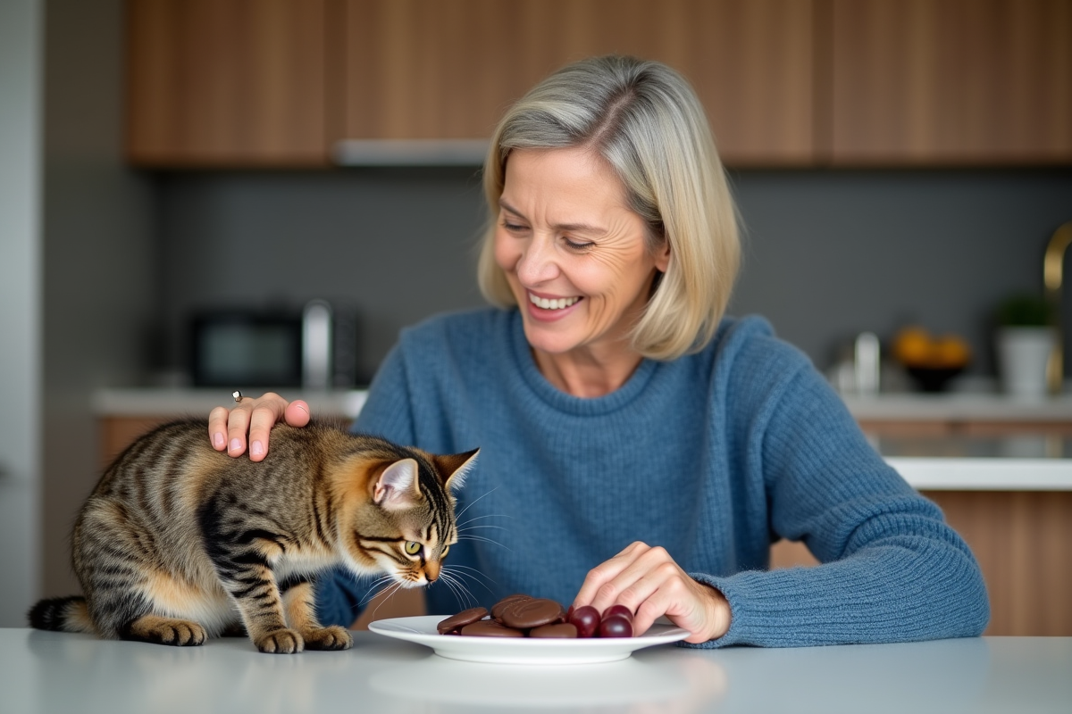 Femme en sweater bleu avec chat curieux à la maison
