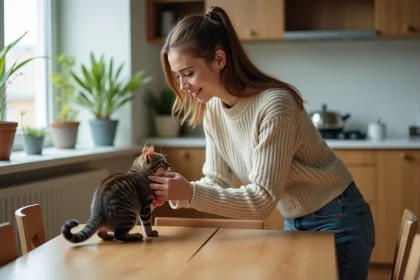 Jeune femme calme avec un chat dans une cuisine moderne