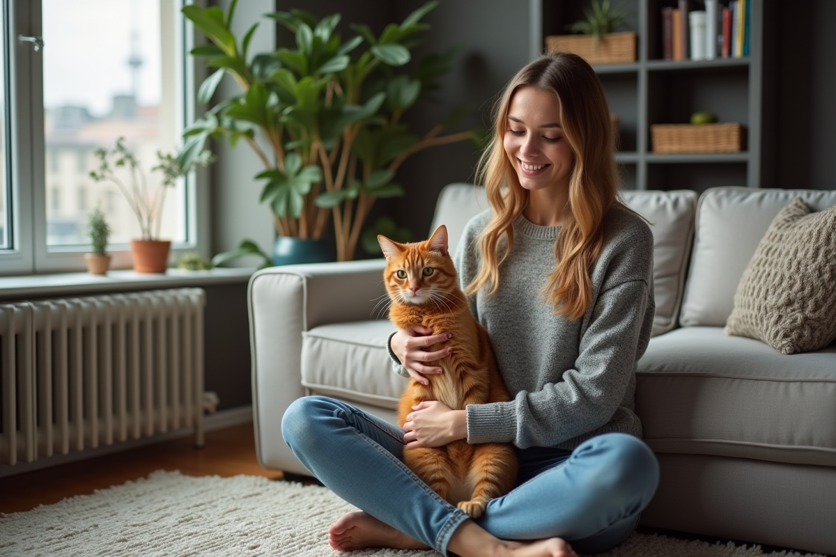 Jeune femme avec chat dans un salon cosy et moderne