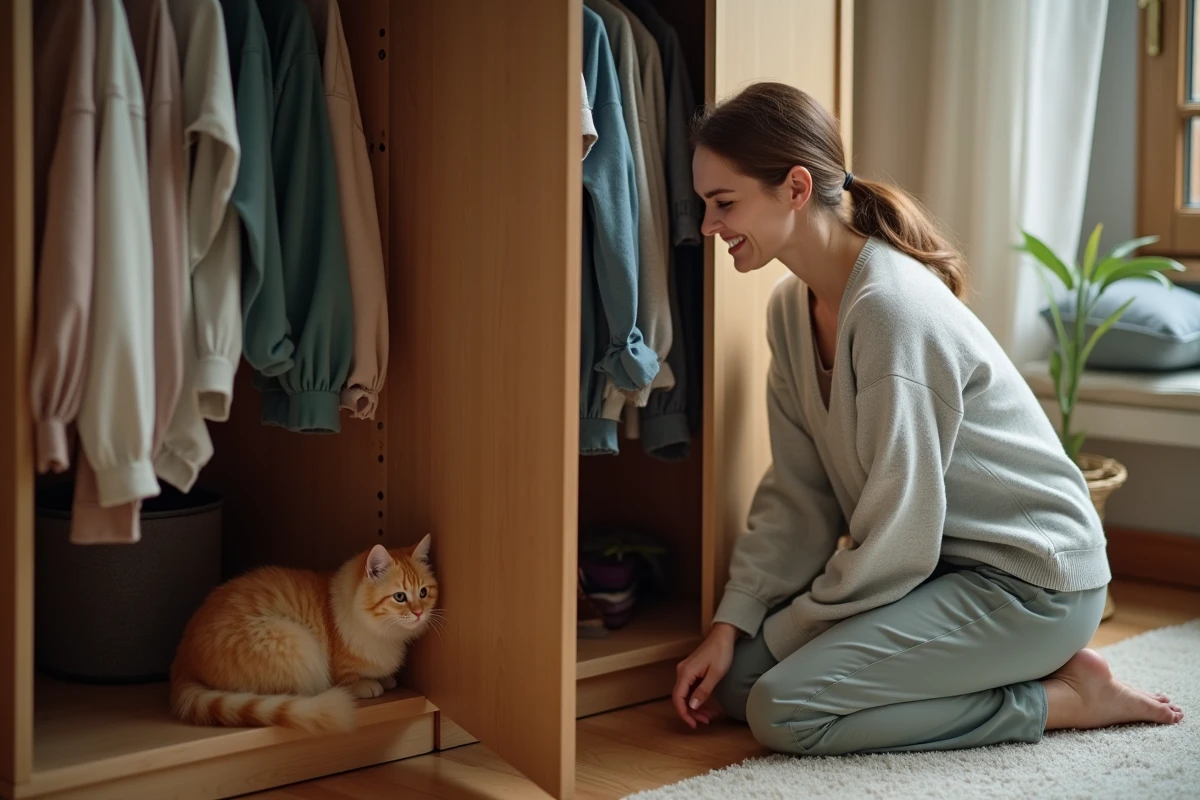Femme souriante découvrant son chat dans la chambre