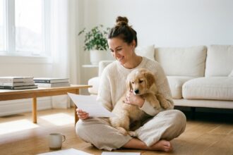 Femme tenant un chiot golden retriever en parcourant des documents d'assurance dans un salon scandinave