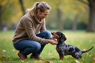 Femme dans un parc caressant un teckel joyeux