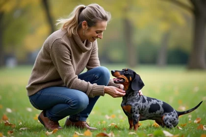 Femme dans un parc caressant un teckel joyeux
