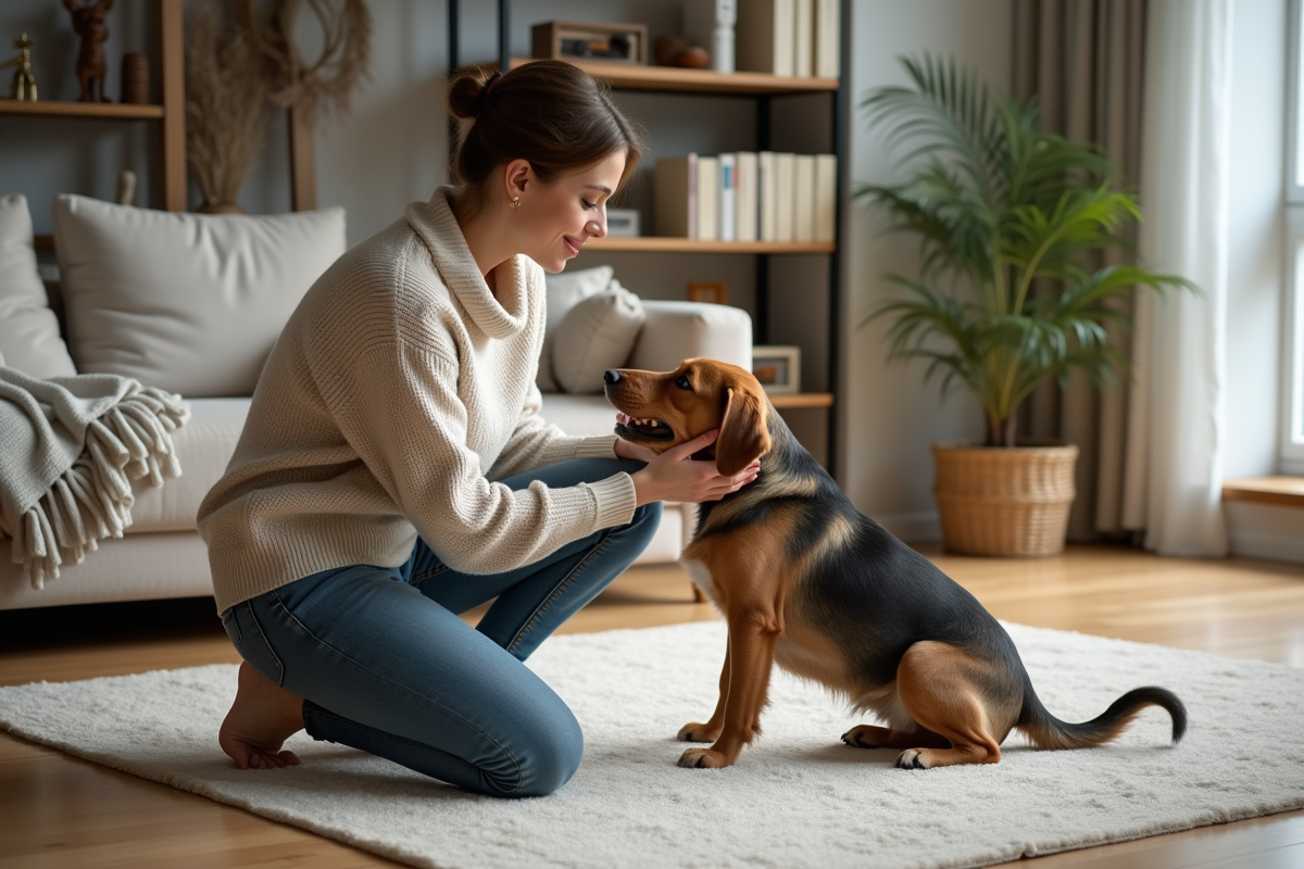 Jeune femme caressant son chien dans un salon moderne