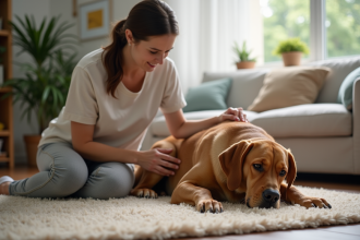 Femme massant doucement son labrador dans un salon chaleureux