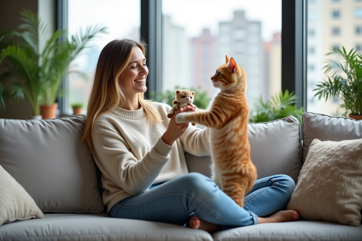 Femme et chaton ginger jouant avec un jouet dans un salon lumineux