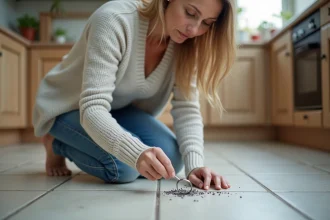 Femme d'âge moyen examine de près des taches sombres sur le sol de la cuisine