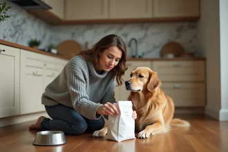 Femme examinant attentivement les ingrédients d'un sac de croquettes pour chien dans une cuisine moderne avec son golden retriever