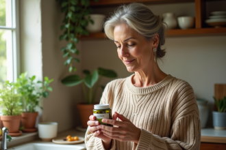 Femme méditative tenant capsules herbal dans une cuisine chaleureuse