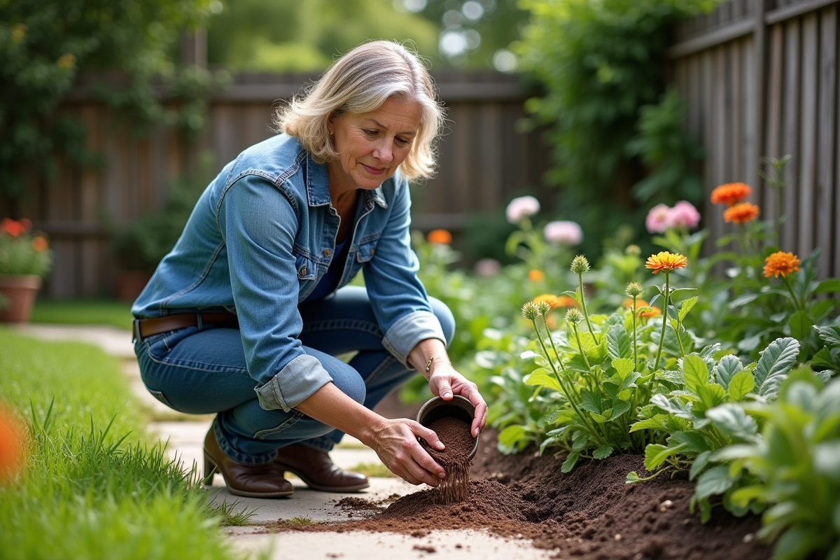 Femme en jardin saupoudrant du café autour des légumes