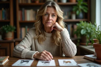 Femme méditative avec cartes animaux totem dans un intérieur chaleureux