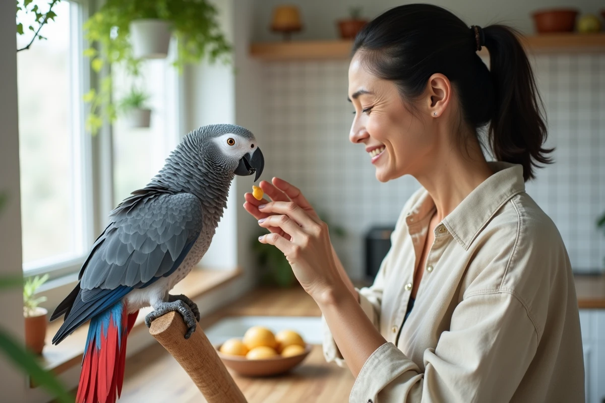 Femme offrant un morceau de fruit à un gris du Gabon bleu sur son perchoir dans une cuisine domestique, illustrant le lien de confiance entre l'oiseau et son propriétaire
