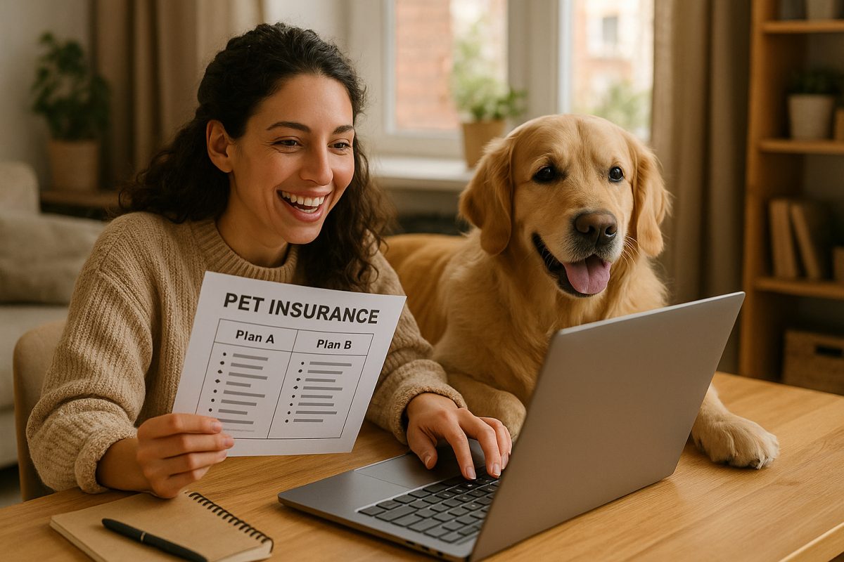 Femme souriante avec son chien retriever compare plans d'assurance