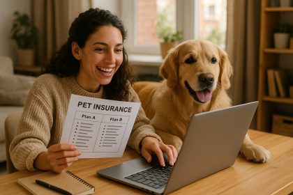 Femme souriante avec son chien retriever compare plans d'assurance