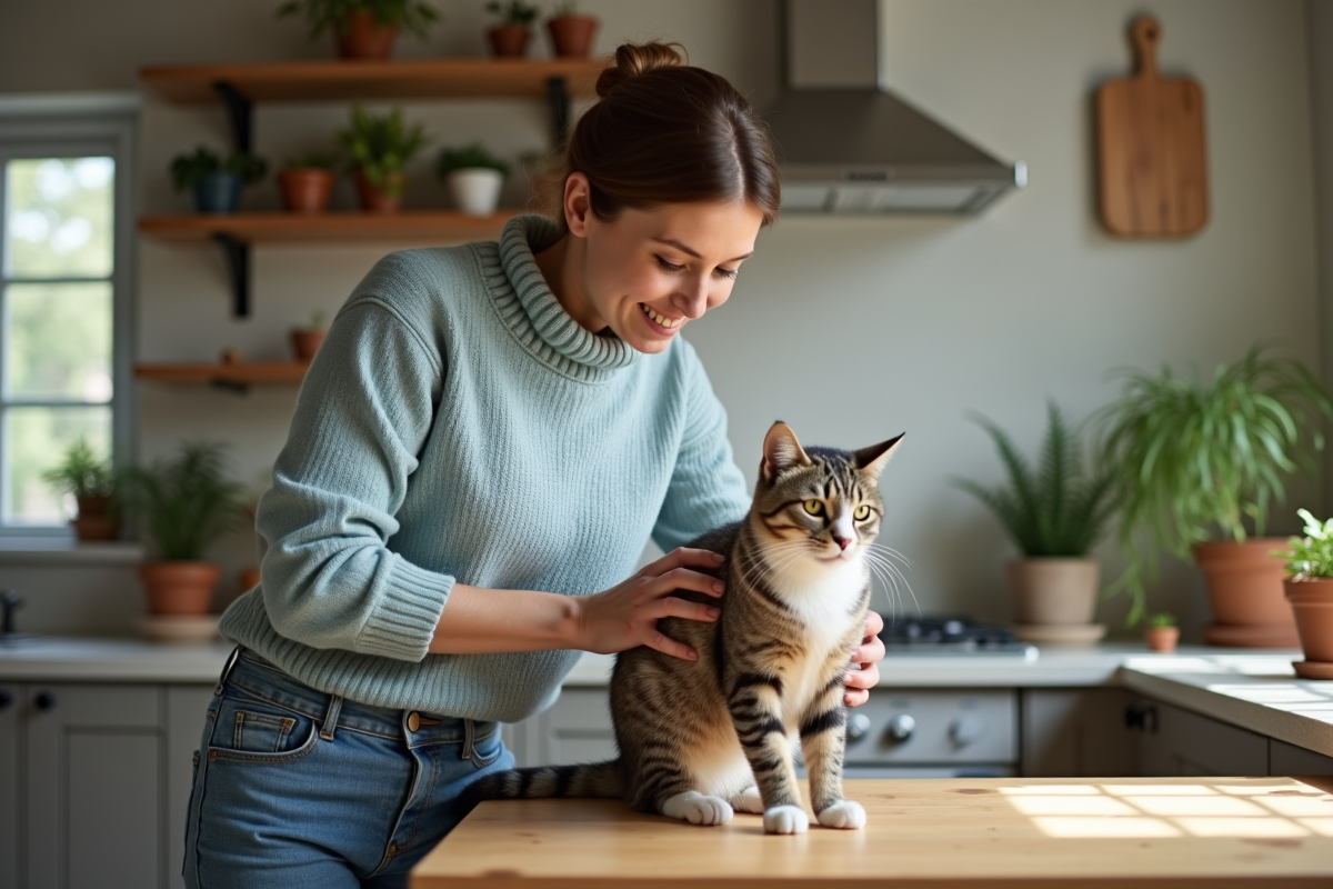 Femme caressant un chaton dans une cuisine chaleureuse
