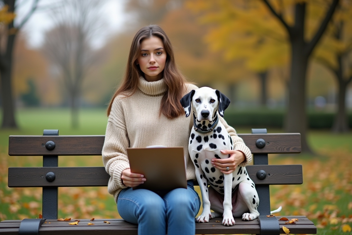 Jeune femme avec un dalmatien dans un parc urbain