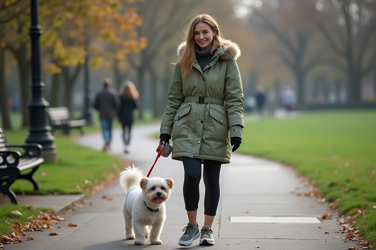 Jeune femme en parkage ramasse déjection de son chien dans le parc