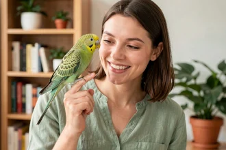 Femme tenant une perruche verte sur le doigt pour choisir un prénom d'oiseau