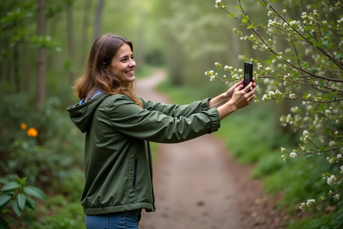 Femme souriante prenant une photo de fleurs en forêt
