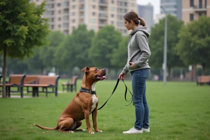 Femme en jeans et hoodie avec un pitbull dans un parc urbain