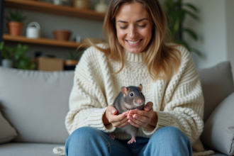 Femme détendue tenant un rat domestique dans un salon accueillant
