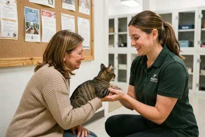 Une femme remet son chat tigré à une bénévole d'association dans un refuge pour animaux, scène touchante d'abandon responsable