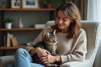 Femme détendue avec un chat dans un salon moderne