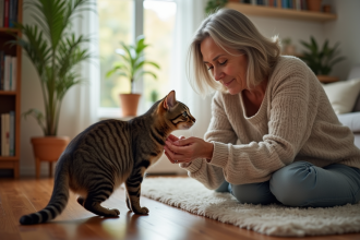 Femme calme redirige un chat curieux dans le salon