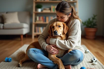 Femme assise avec un retriever dans un salon chaleureux