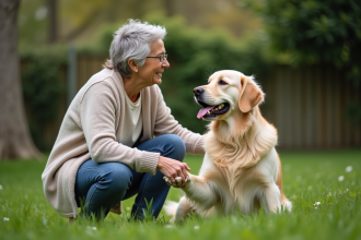 Femme en jeans caressant un retriever mature dans un jardin
