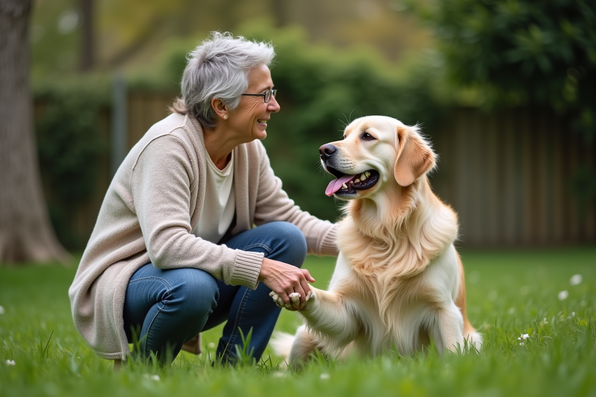 Femme en jeans caressant un retriever mature dans un jardin