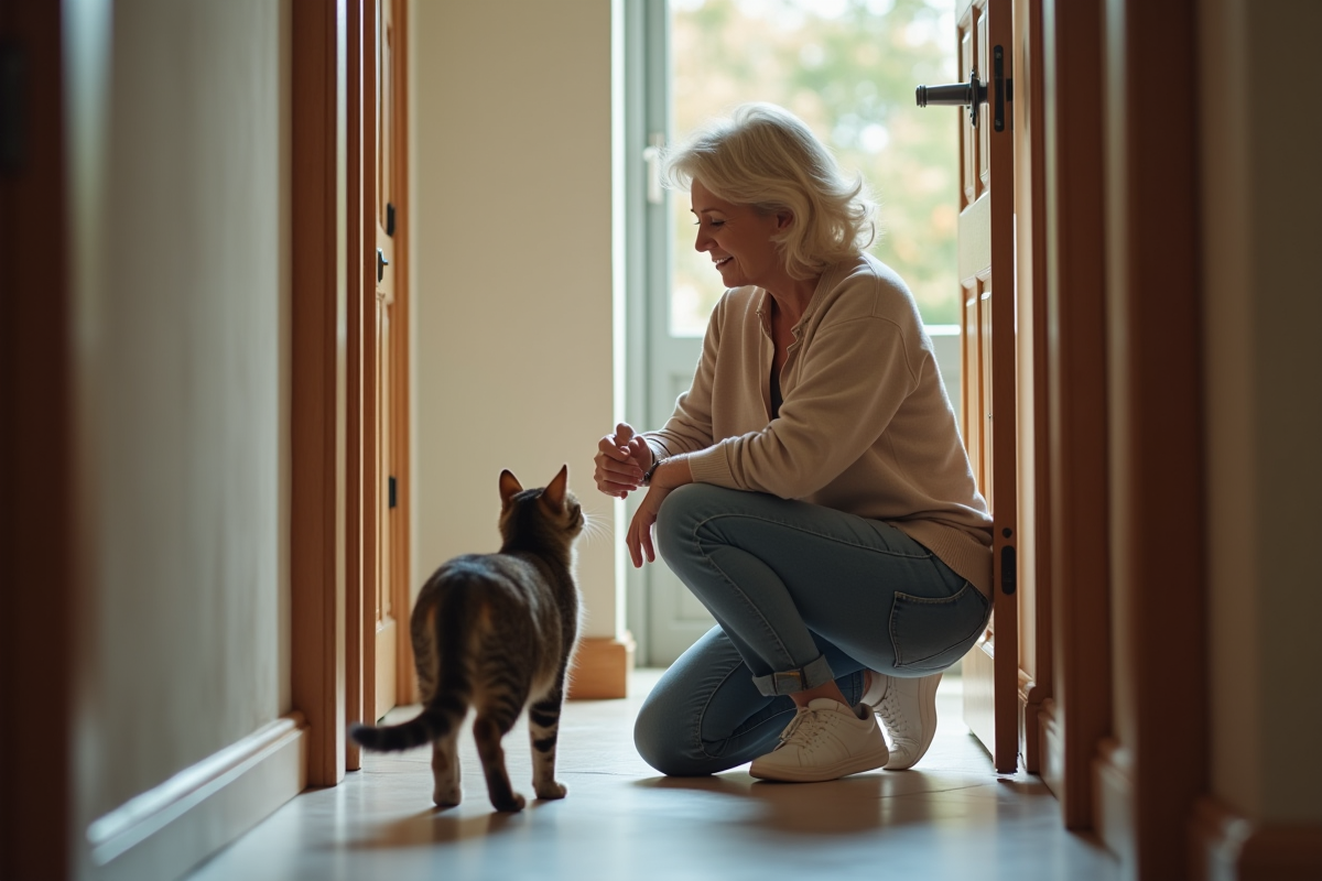 Femme accueillante saluant son chat dans l