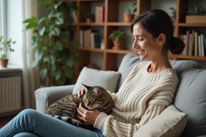 Femme douce caressant un chaton tabby sur ses genoux