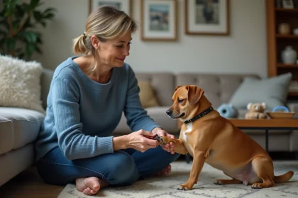 Femme en pull bleu soignant un chien dans un salon cosy