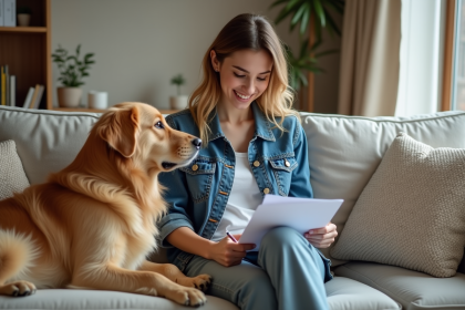 Jeune femme souriante avec son chien dans un salon chaleureux