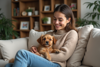 Femme souriante avec chien dans un salon chaleureux