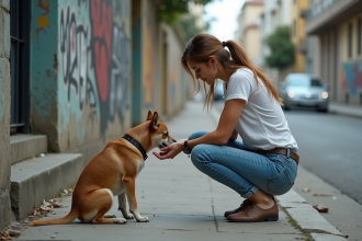 Jeune femme caressant un chien errant en ville