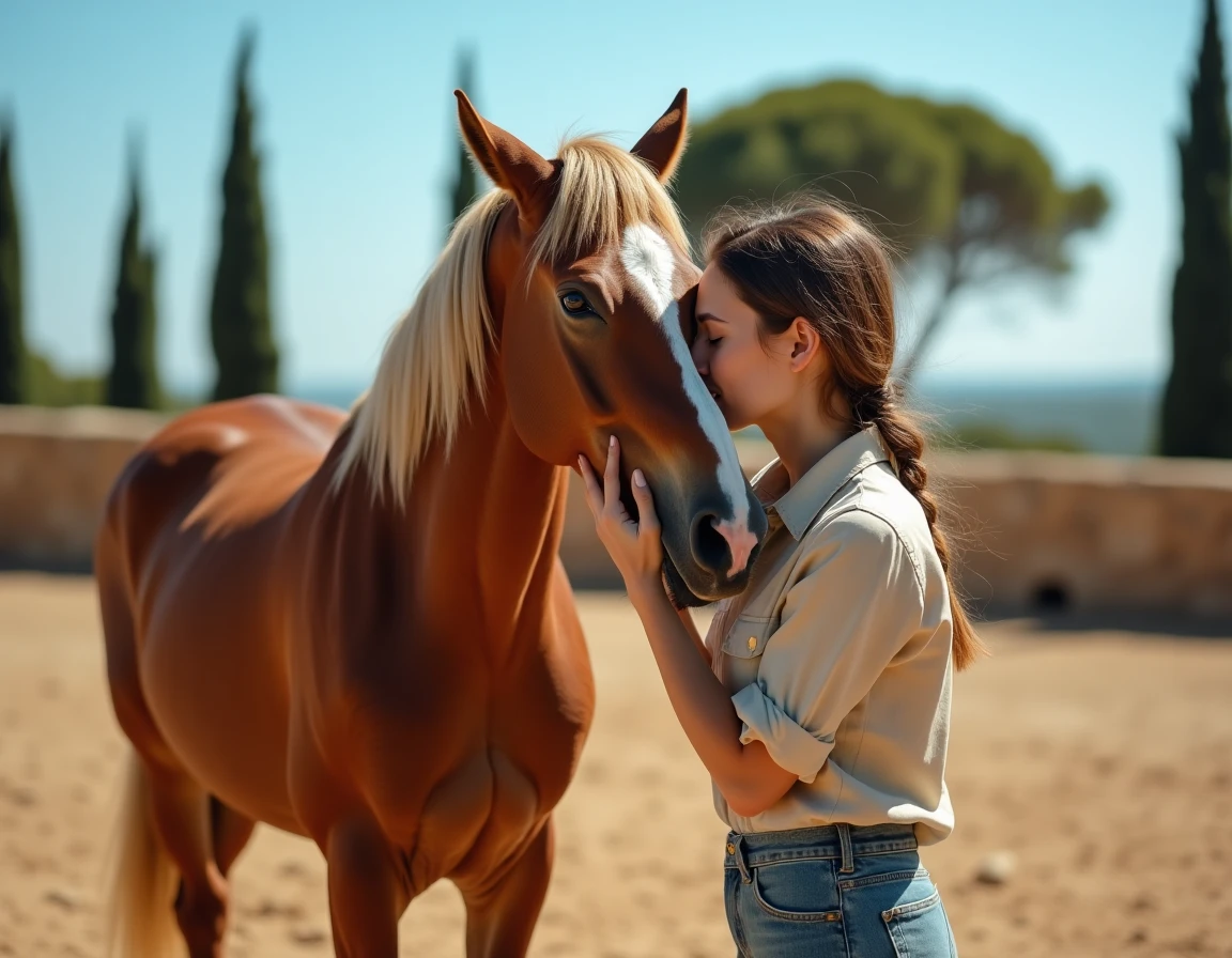 Femme posant tendrement avec un vieux cheval bai dans un paddock provençal, symbolisant la longévité équine