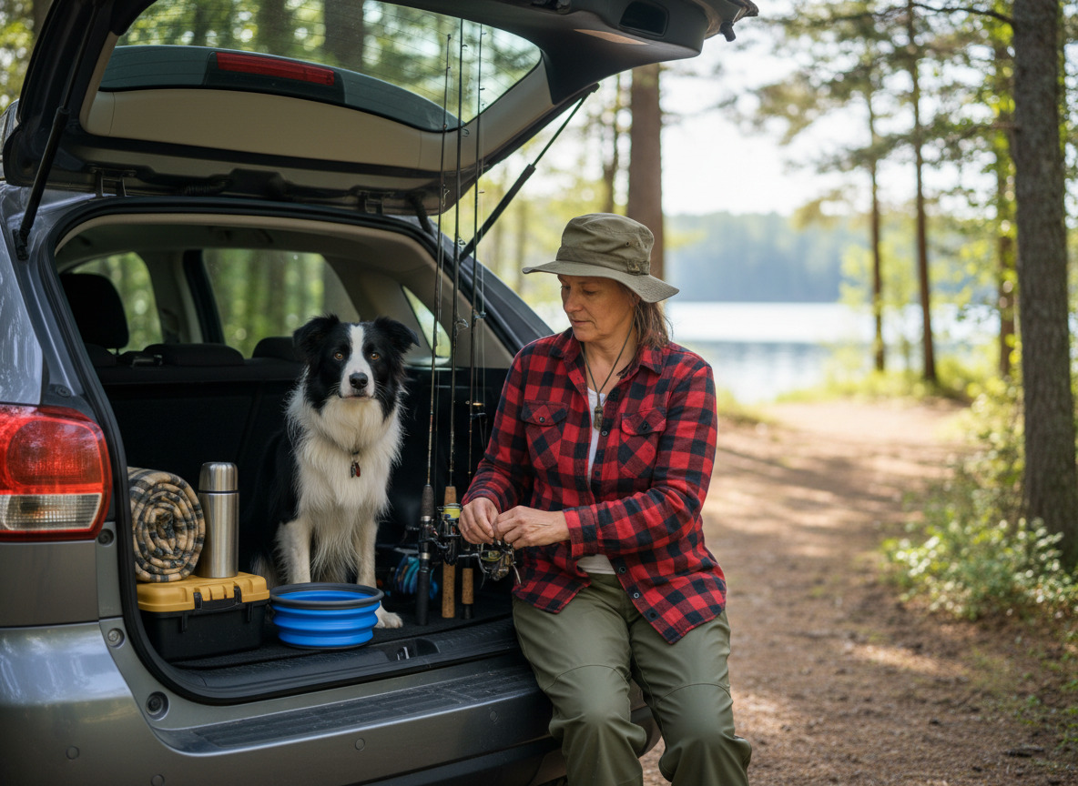 Femme préparant son équipement de pêche dans une voiture avec son chien