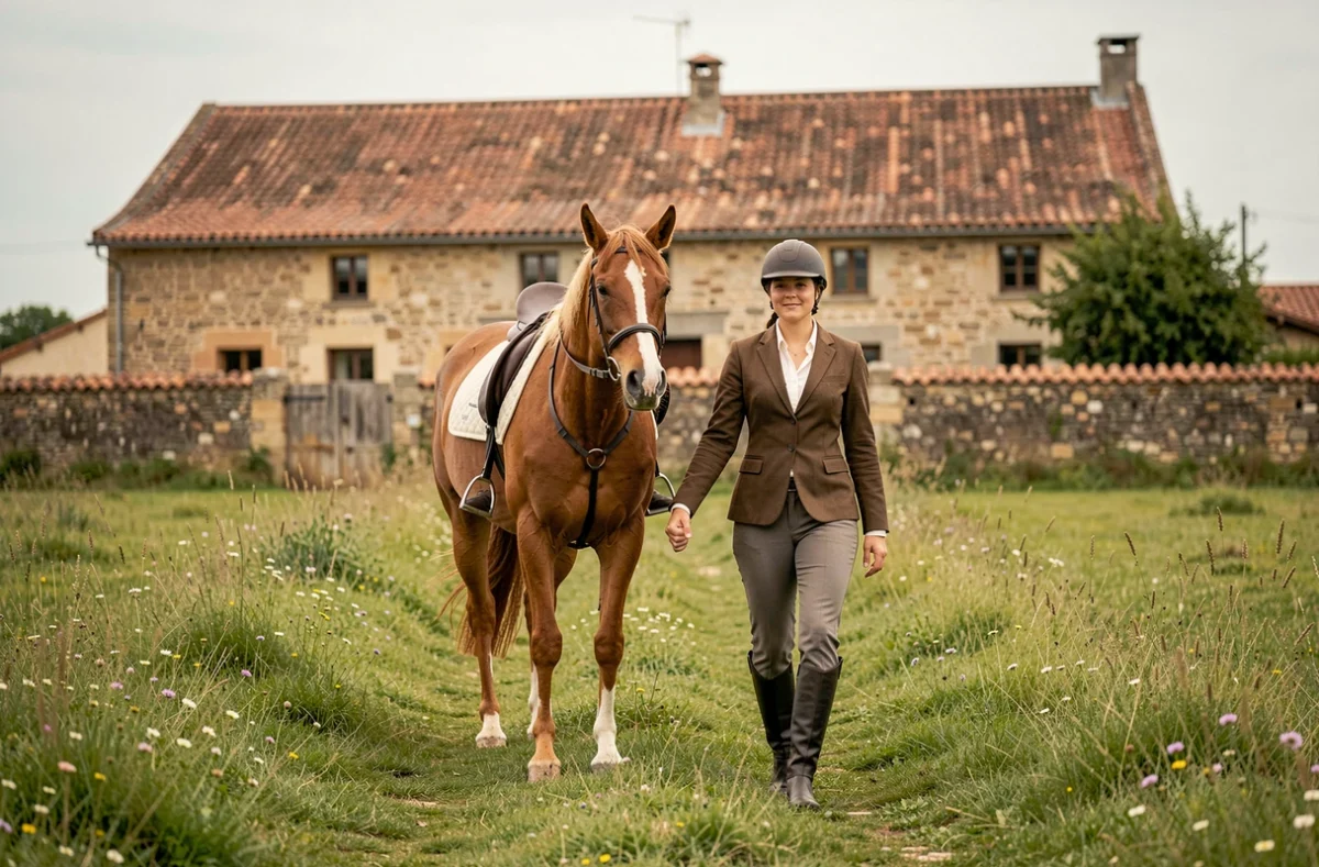 Cavalière se promenant aux côtés de son cheval dans un pré verdoyant devant la Ferme Équestre de Lespinas et ses bâtiments gascons
