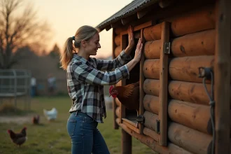 Femme ferme la porte d'un poulailler au crépuscule