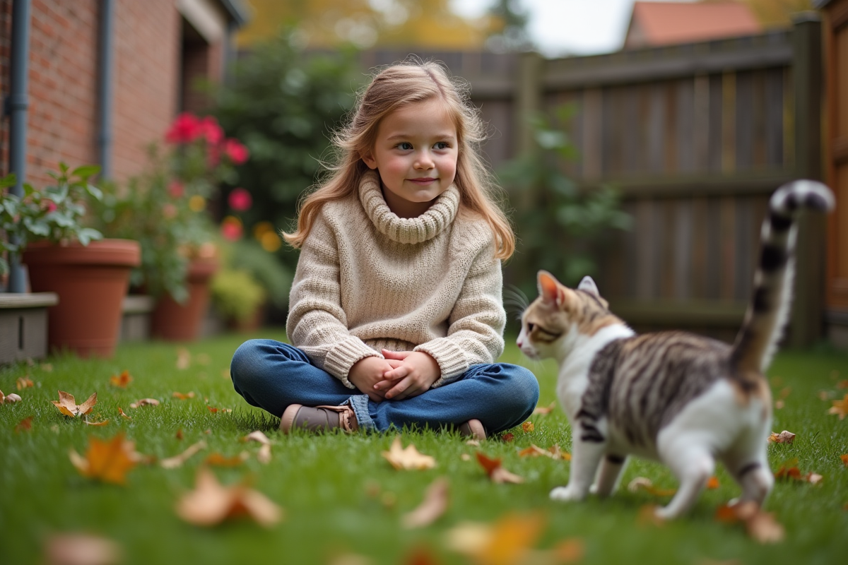 Jeune fille regarde un chat en pleine chasse dans le jardin