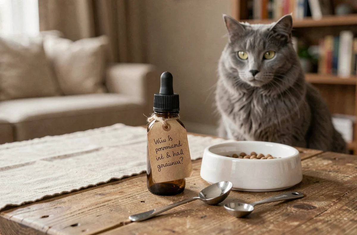 Flacon d'argent colloïdal posé sur une table en bois avec une cuillère doseuse et une gamelle blanche pour chat