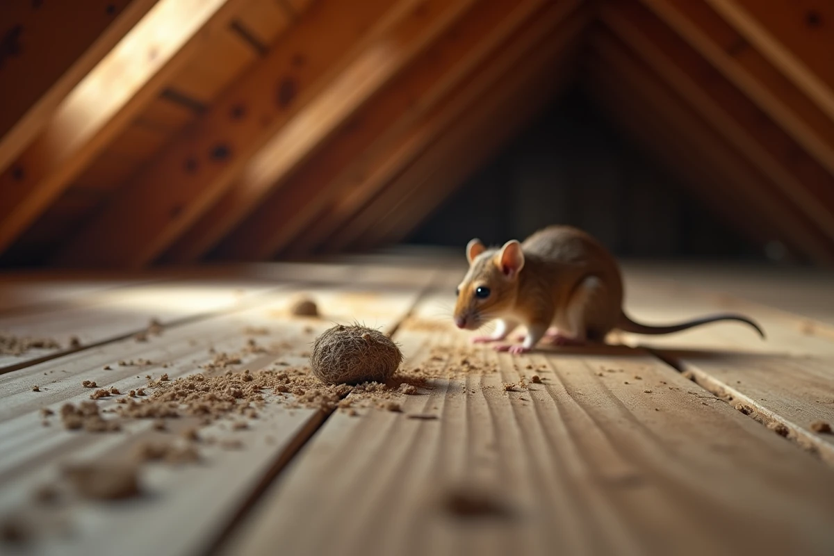 Crottes de fouine dans un grenier en bois avec présence d'une souris attirée par les déjections