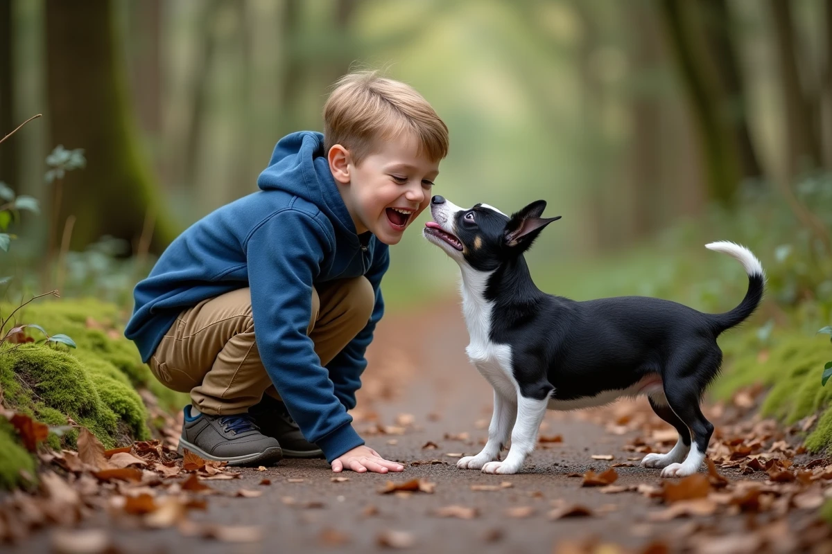 Garçon jouant avec son chien dans la forêt