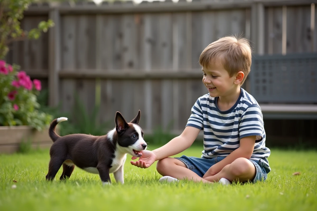 Garçon avec chiot Bull Terrier dans le jardin en extérieur