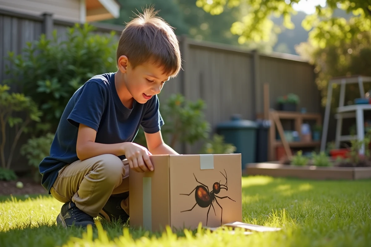 Garçon de 10 ans déballant un kit à fourmis dans le jardin