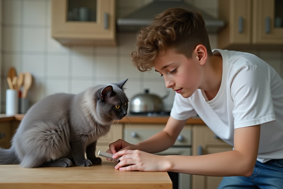 Adolescent coiffant un chat angora gris sur la table de cuisine